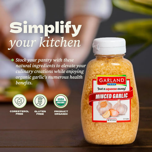 9.5 oz Garland Food Squeezable Minced Garlic in Water Made in the USA - Garlic Minced Squeeze Bottle for Fresh Flavor