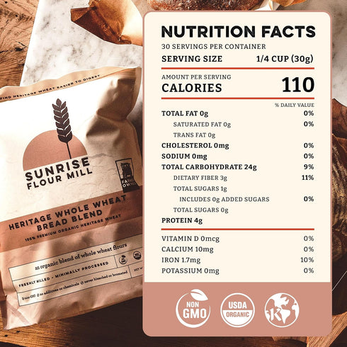 2 lb Sunrise Flour Mill Heritage Whole Wheat Bread Blend - | USDA Organic All Purpose Flour Unbleached - Non-GMO