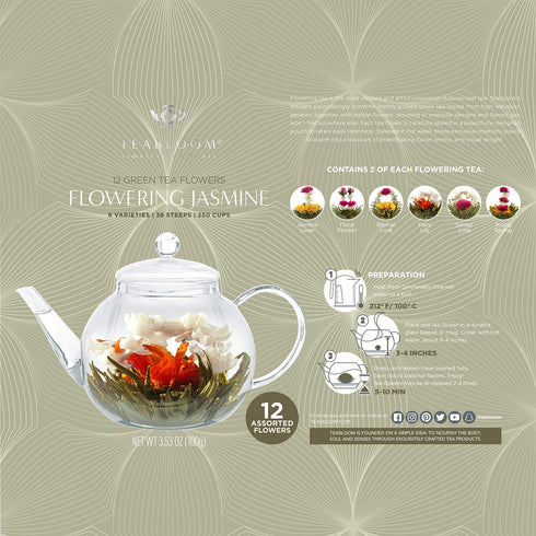 Set 12-Pack, 36 250 Teabloom Jasmine Flowering Tea Hand Tied Green Tea Leaves + Jasmine Blossoms Flowering Tea