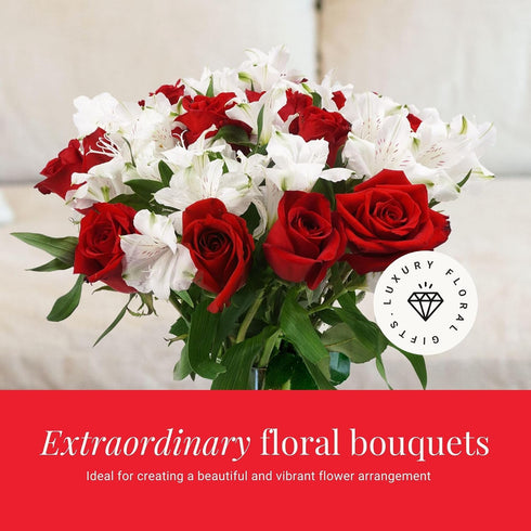 BloomsyBox Forever Blooming Bouquet Fresh Red Roses & White Alstroemeria (Glass Vase Included) Fresh Flowers