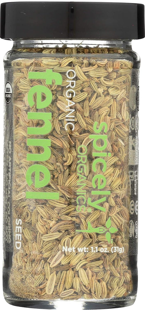 Spicely Organic Fennel Seeds Whole, 1.10 Ounce Jar, Certified Gluten Free