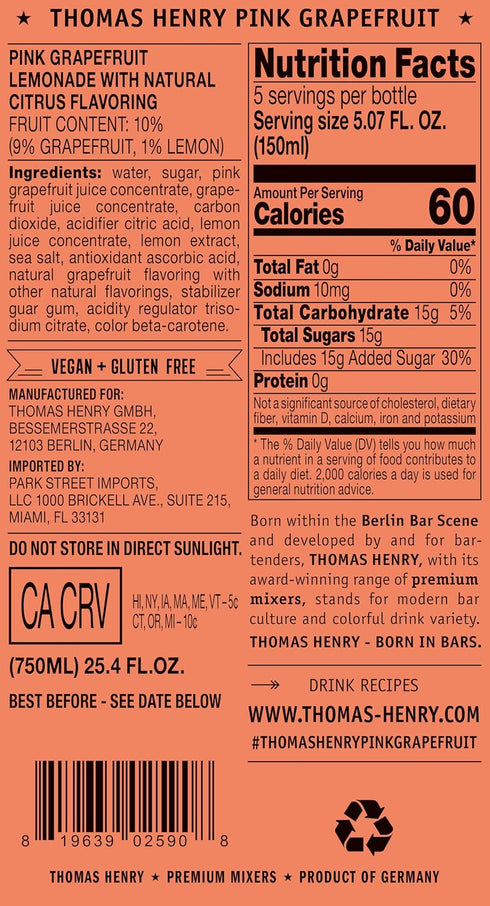 25.4 Oz (750 ml) 3 Pack, Thomas Henry Pink Grapefruit Soda, Premium Cocktail Mixer for Palomas & Cocktails, Fl Bottles