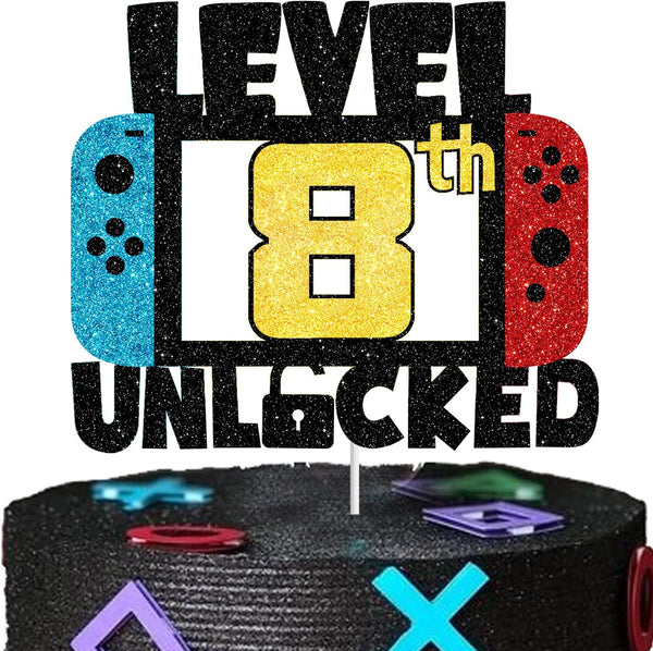 8 LEVEL UNLOCKED Birthday Cake Topper, 8th Happy Birthday Gamepad Cake Topper, Video Game Party Decorations