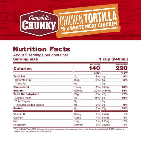 18.6 Oz Campbell's Chunky Soup, Chicken Tortilla Soup with Grilled White Meat Chicken, Can