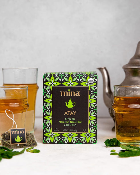 Mina Atay Moroccan Nana Mint Organic Green Tea, 15 Biodegradable Sachets - Refreshing Low Caffeine Mint Tea Bags