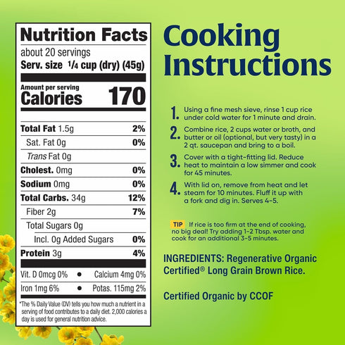 32 (Pack 1) Lundberg Regenerative Organic Brown Rice Long Grain, Kosher, USDA Certified Organic, Gluten Free & Non-GMO