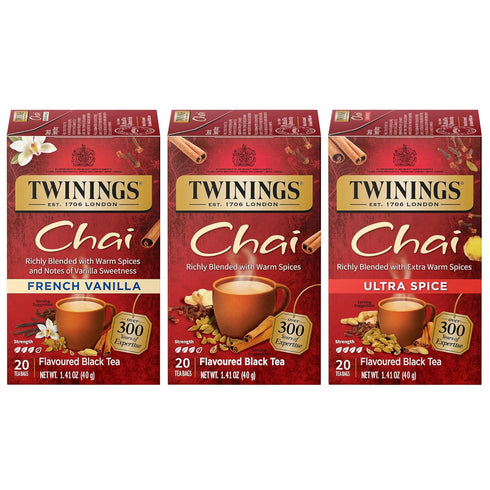 Twinings Chai Tea Variety 3-Pack – Chai, Ultra Spice Chai, French Vanilla Chai, Caffeinated Black Tea Bags (20 Count