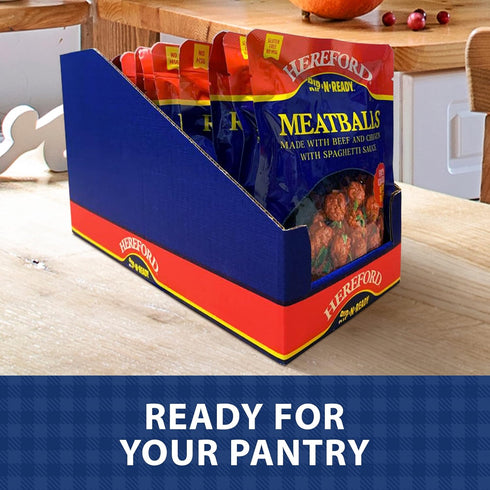 12g 10oz 12) Hereford Meatballs with Spaghetti Sauce | Shelf Stable | Fully Cooked | Ready to Eat | Protein per Serving