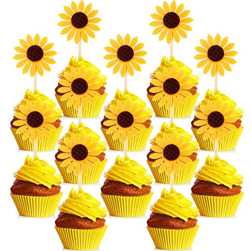 60 Pieces Sunflower Cupcake Toppers, Yellow Flower Cake Picks for Wedding Party Supplies