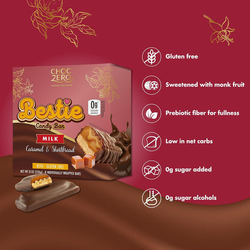 (8 Count ChocZero Milk Chocolate Caramel & Shortbread Candy Bars No Added Sugar, High Fiber, Gluten Free, Keto Friendly