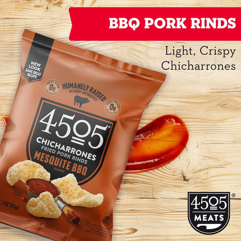 4505 1.1oz (Pack 12) BBQ Seasoned Chicharrones, Fried Pork Rinds - Barbeque Flavored Pork Skins - Low Carb