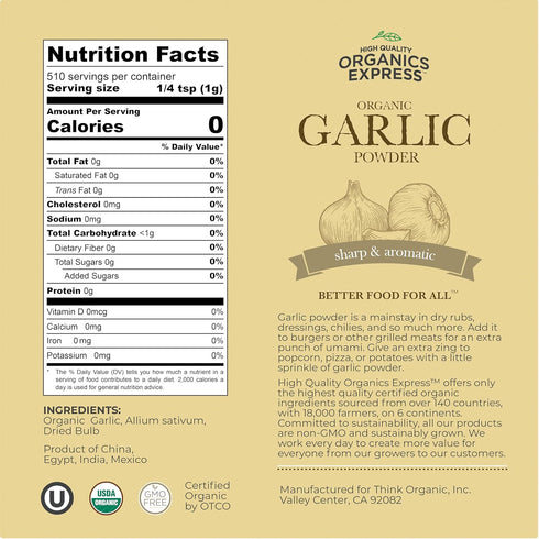 18 oz. HQOExpress Organic Garlic Powder Non GMO, Kosher, USDA Certified Organic Garlic Sweet and Sharp Aromatic