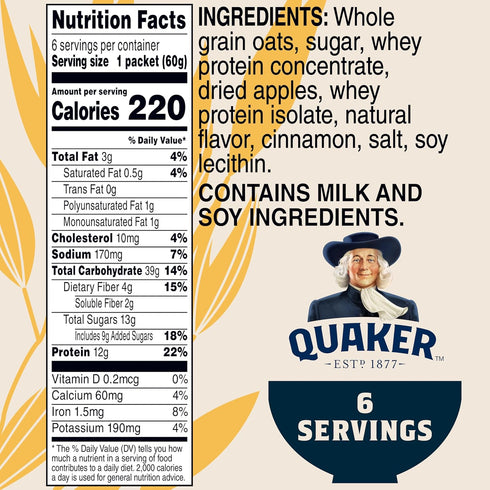 12g 2.11 oz Packets, (6 Pack) Quaker Protein Instant Oatmeal, Apple Cinnamon, Protein per Serving, Whole Grains, No