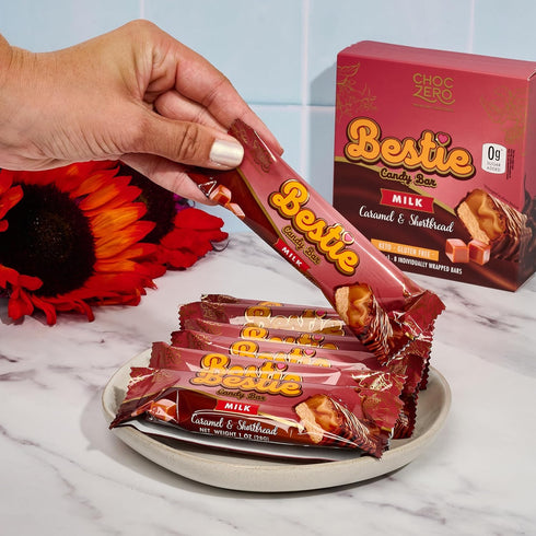 (8 Count ChocZero Milk Chocolate Caramel & Shortbread Candy Bars No Added Sugar, High Fiber, Gluten Free, Keto Friendly