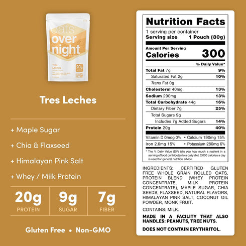 20g (2.8 oz (8 Pack Oats Overnight Tres Leches - Overnight Oats with Whey Protein, High Fiber Breakfast Protein Shake