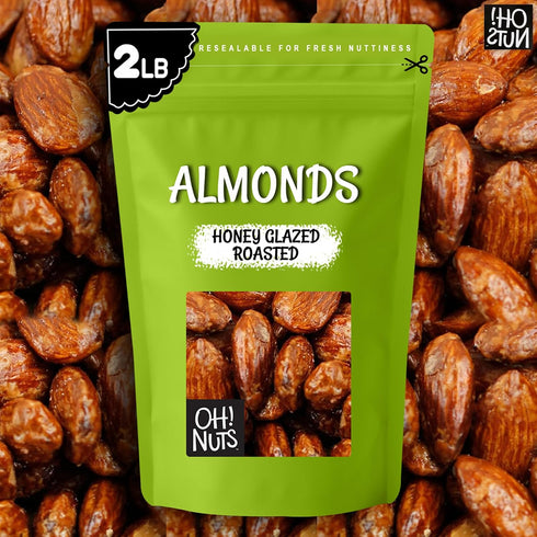 2 lb Packed Oh! Nuts Honey Glazed Roasted Almonds - - High-Protein Whole Almonds - in New York Zip-Seal Bag