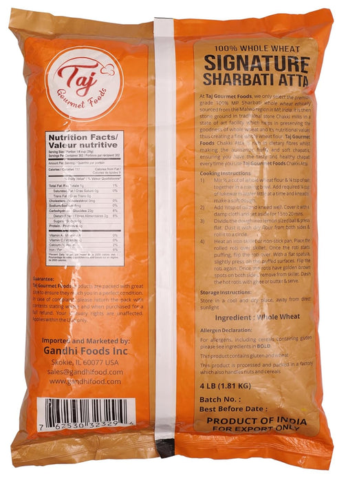 TAJ Gourmet Foods 4lbs 100% TAJ Signature Sharbati Atta, (Chakki Atta - Stone Ground) Whole Wheat Flour, Chappati Flour