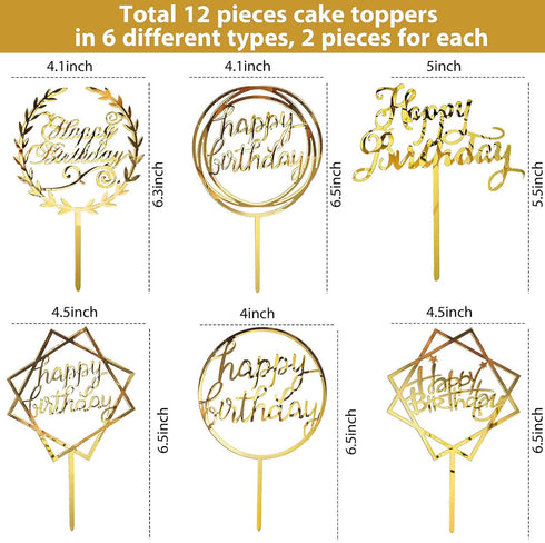 12 Pieces Glitter Happy Birthday Cake Topper Decorations for Cupcakes and Pastries - 6 Styles (Gold)