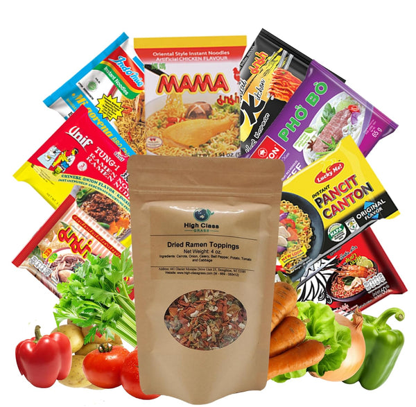 High Class Grass Ramen Care Package with Toppings, 8 Instant Noodles with