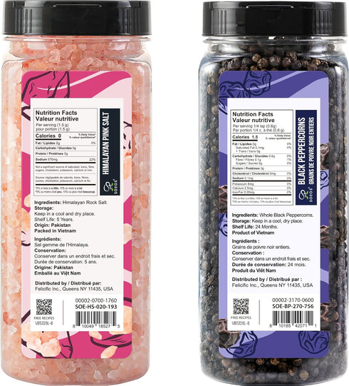 20oz 9.5oz Set, Set Soeos Himalayan Pink Salt + Whole Black Peppercorns Coarse Grain, Salt for Grinder Refill, Salt