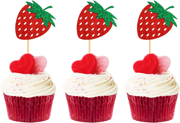 36 Pack Red Strawberry Cupcake Toppers, Strawberry Theme Picks for Birthday Wedding Baby Shower Summer Garden Party