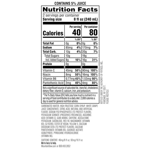 Punch,92mg C,80 Calories,5% Juice,16 oz,(Pack 24) Mountain Dew Kickstart,Fruit Caffeine,Vitamins B & fl