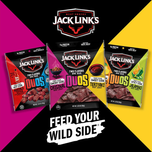 100 Packs 11g Pack 3.25oz (4 Count) Jack Link's DUOs Original and Teriyaki Beef Jerky, Shareable Under Calories Snack