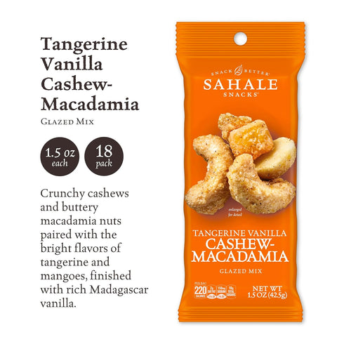 Mix,1.5 oz Bags(18 Packs)Dry-Roasted Sahale Snacks Tangerine Vanilla Cashew-Macadamia Glazed Grab & Go Deluxe Mixed