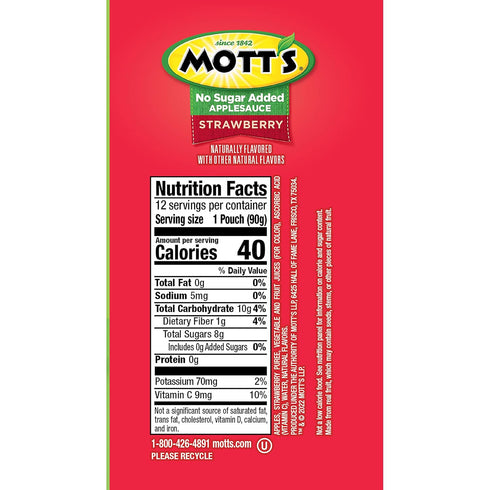 3.2 Oz 48 Count (4 Packs 12), Mott's No Sugar Added Strawberry Applesauce, Clear Pouches, Of Good Source Of Vitamin C