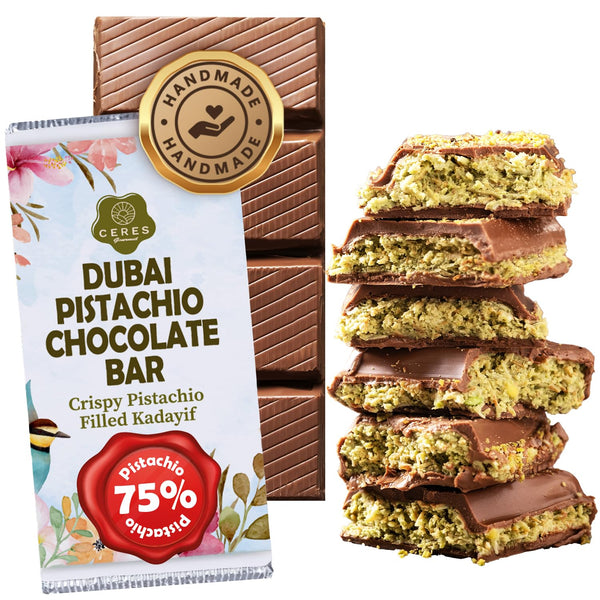 75% Pistachio Filled Dubai Chocolate Bar 7oz | Handmade Luxury Dessert with