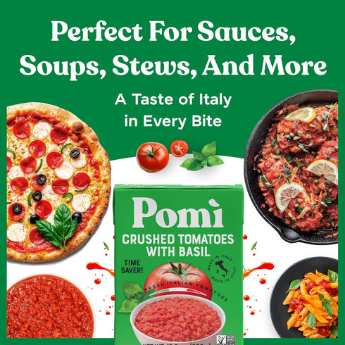 100% 13.8oz (Pack 12) Pom Crushed Tomatoes with Basil - Creamy, Velvety Italian Sauce, No Salt