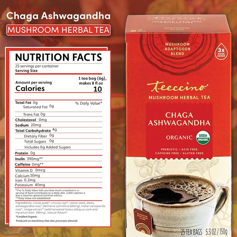 25 5.3 oz (150 Teeccino Organic Mushroom Herbal Tea, Chaga Ashwagandha, Butterscotch Cream, Caffeine Free, Tea Bags, g)