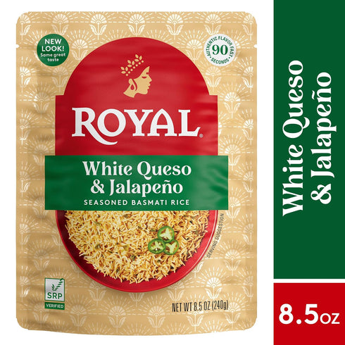 8.5 oz (Pack 6) Royal White Queso & Jalapeno Basmati Rice - Ready to Heat Basmati Rice - Microwavable Pouch