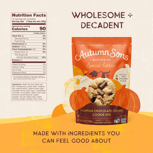 9 8.9 oz (Pack 3) Autumn Sons Baking Co. Gluten Free Pumpkin Chocolate Chunk Cookie Mix. Limited Edition Pumpkin Spice