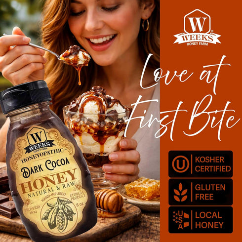 8oz Weeks Honey Farm | Dark Cocoa Raw Honey Infused Supplement - Pure Unfiltered American Honey for Circulation Support