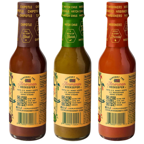 Local Hive Honey Pack 3-Pack Local Hive BBQ Bold Chipotle, Hatch Chile & Habanero Hot Sauces with Raw Honey