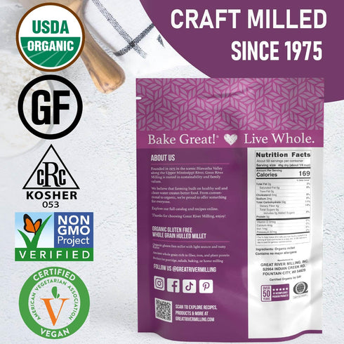 5 Lb Great River Milling Organic Hulled Millet | Whole Grain Ancient Grain | Gluten-Free, High-Fiber Superfood |