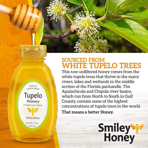 (16 oz) Smiley Honey, Premium Tupelo Honey Raw and Unfiltered, Higher Quality, Darker, Higher Tupelo Content