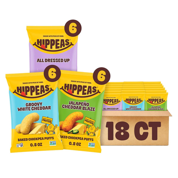 Hippeas Chickpea Puffs, Variety Pack: Vegan White Cheddar, Nacho Vibes, Barbecue, Sriracha,