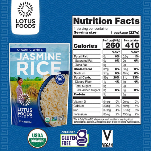 8 Oz (Pack 6) Lotus Foods Organic White Jasmine Rice Heat & Eat Pouch - Gluten Free White Rice, Organic Rice, Instant