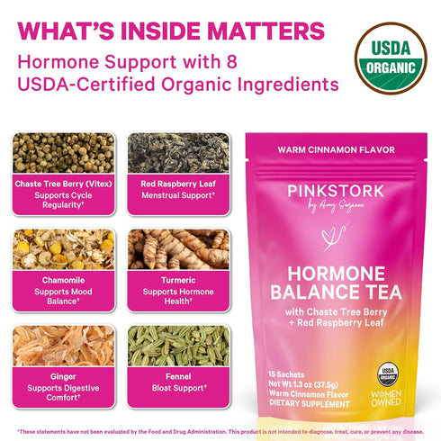 30 Pink Stork Hormone Balance Tea for Women Red Raspberry Leaf & Chasteberry (Vitex) Organic Herbal Tea for PMS