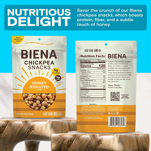 4-Pack, 5 BIENA Chickpea Snacks - Crunchy Roasted Chickpeas - High Fiber Protein Snacks for Adults and Kids - Ounce