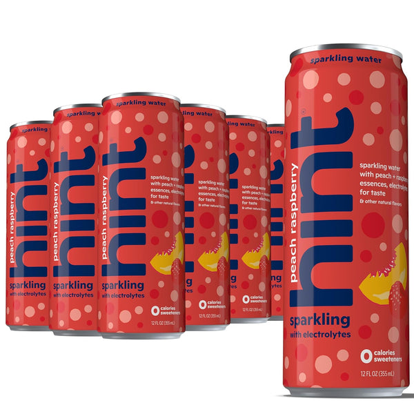 Hint Sparkling Water, Peach Raspberry - Canned Flavored Water Beverages with Electrolytes,