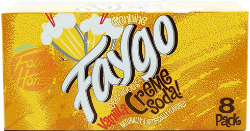 Faygo Vanilla Creme! flavor soda pop. 8-pack 12-fl. oz. cans in box