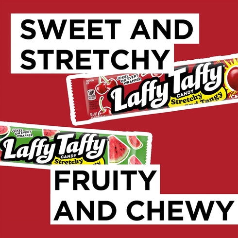 1.5 (Pack 24) Laffy Taffy Stretchy & Tangy Variety Candy Box, Grape, Watermelon, and Cherry Flavors, Ounce Bars