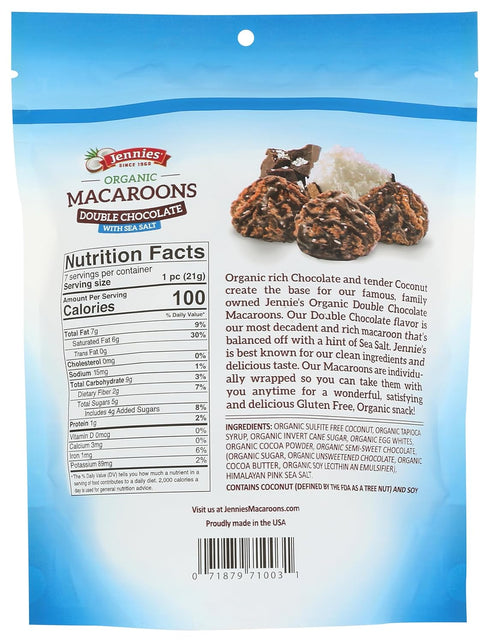 Jennies Organic Double Chocolate Macaroons, Sea Salt, 5.25oz | Dairy Free, Gluten Free, Peanut Free, Individually