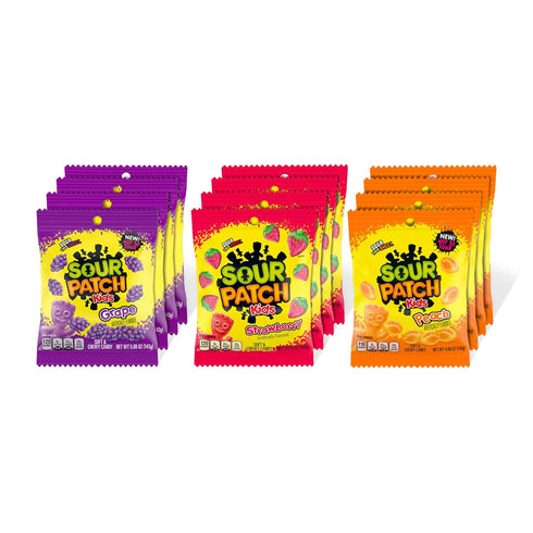 Sour Patch Kids Pack, 12 Fruit Flavors Soft & Chewy Candy Variety Peach, Grape, Strawberry, Bags