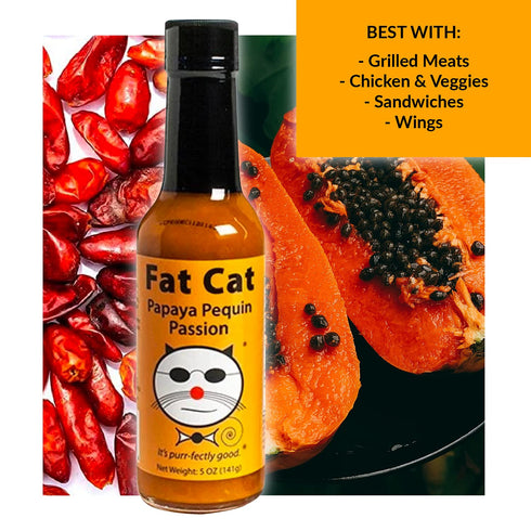 6 Pack Papaya Pequin Passion Natural Hot Sauce by Fat Cat Gourmet | Savory Caribbean Inspired Fruit Sauce for Seafood