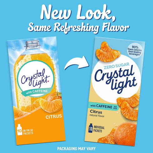 10 Packets, 0.9 oz Crystal Light Drink Mix with Caffeine, for Convenient On-the-Go Flavorful Hydration, Citrus Natural