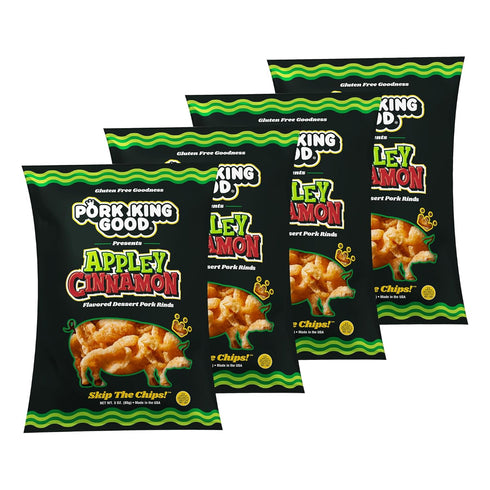 3 oz (4 Pack) Pork King Good Appley Cinnamon Dessert Flavored Pork Rinds - Sweet and Salty, Gluten Free Snacks